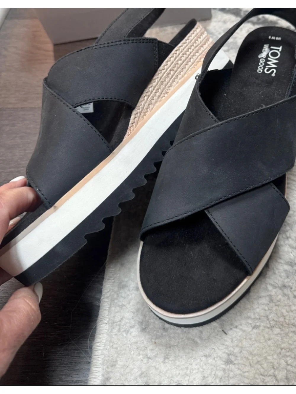 TOMS Black Crisscross Slingback Wedge Sandals with Espadrille Trim